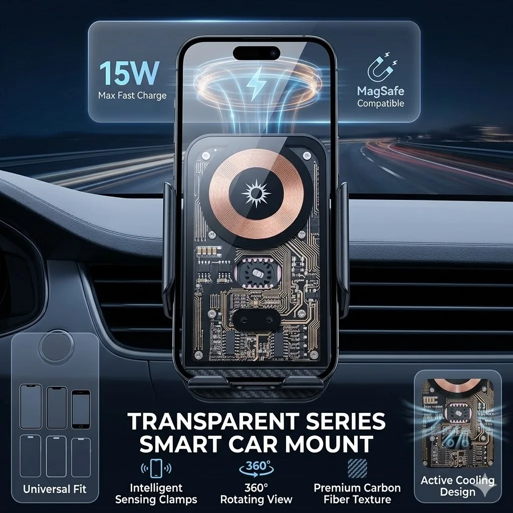 Universal 15W Car Wireless Charging Mobile Phone Holder Air Outlet Mount Transparent Vehicle Navigation Bracket for Smartphones