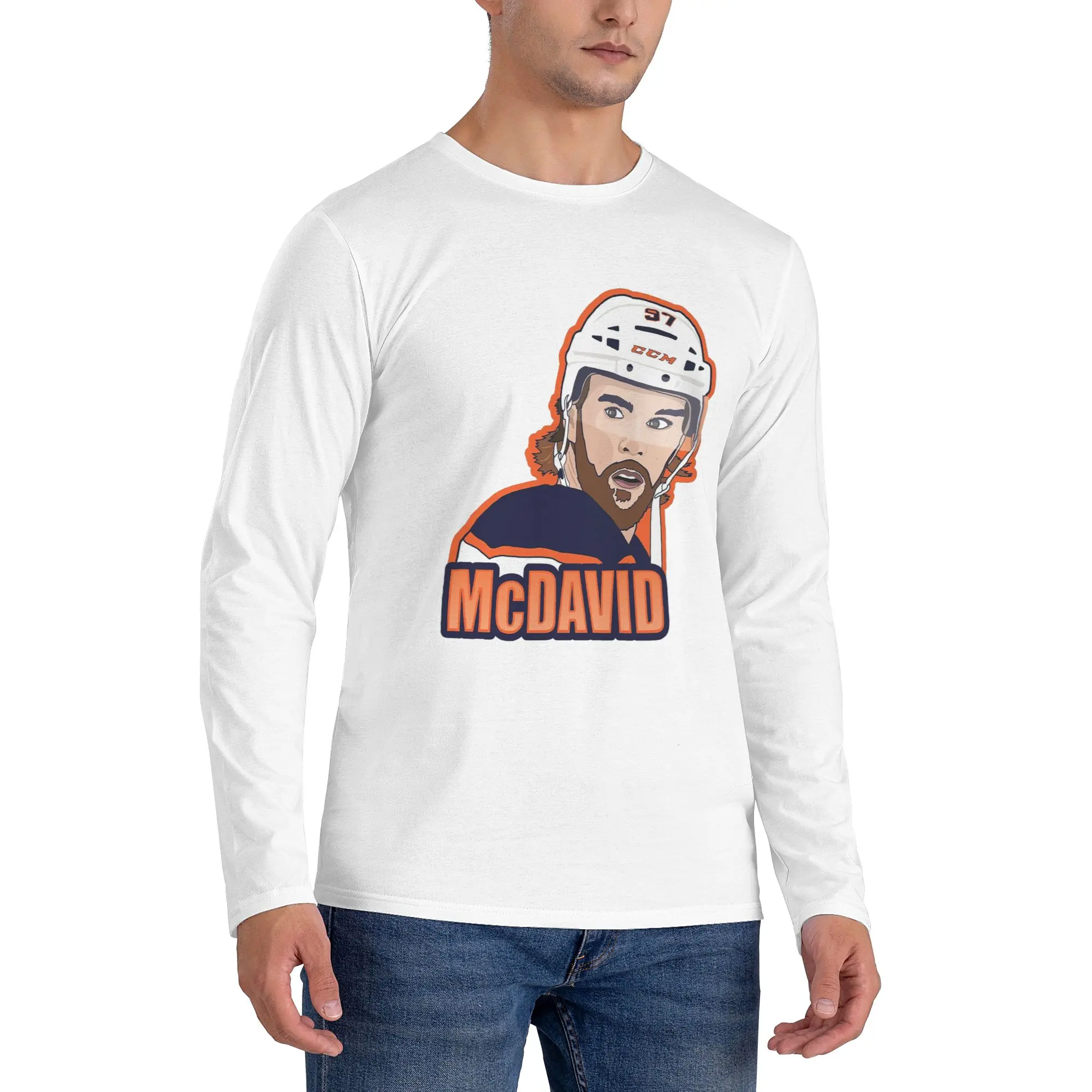 

Connor McDavid 97 для фанатов Edmonton Oilers Мужская футболка с длинными рукавами Модные футболки с круглым вырезом Весенние и осенние мужские топы