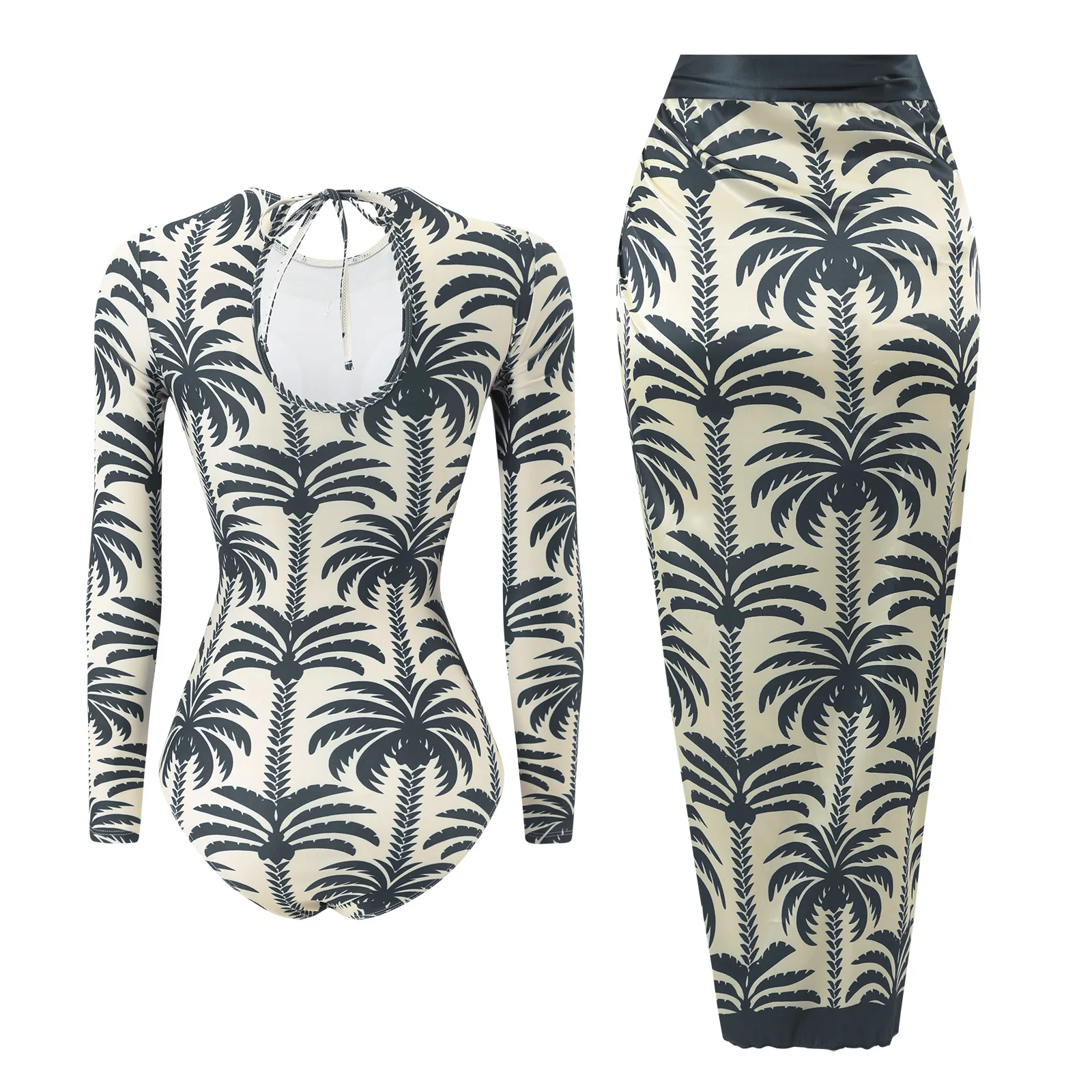 Conservative Coconut Print Bikini Long Sleeve Sun Protection Beach Suit New Swimsuit for Women
