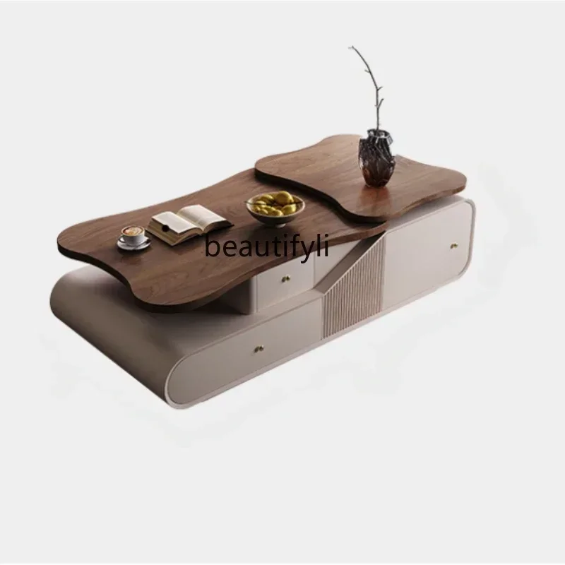 

60.Walnut Color Living Room New Home Multi-Functional Lifting Designer Coffee Table Light Luxury High Sense