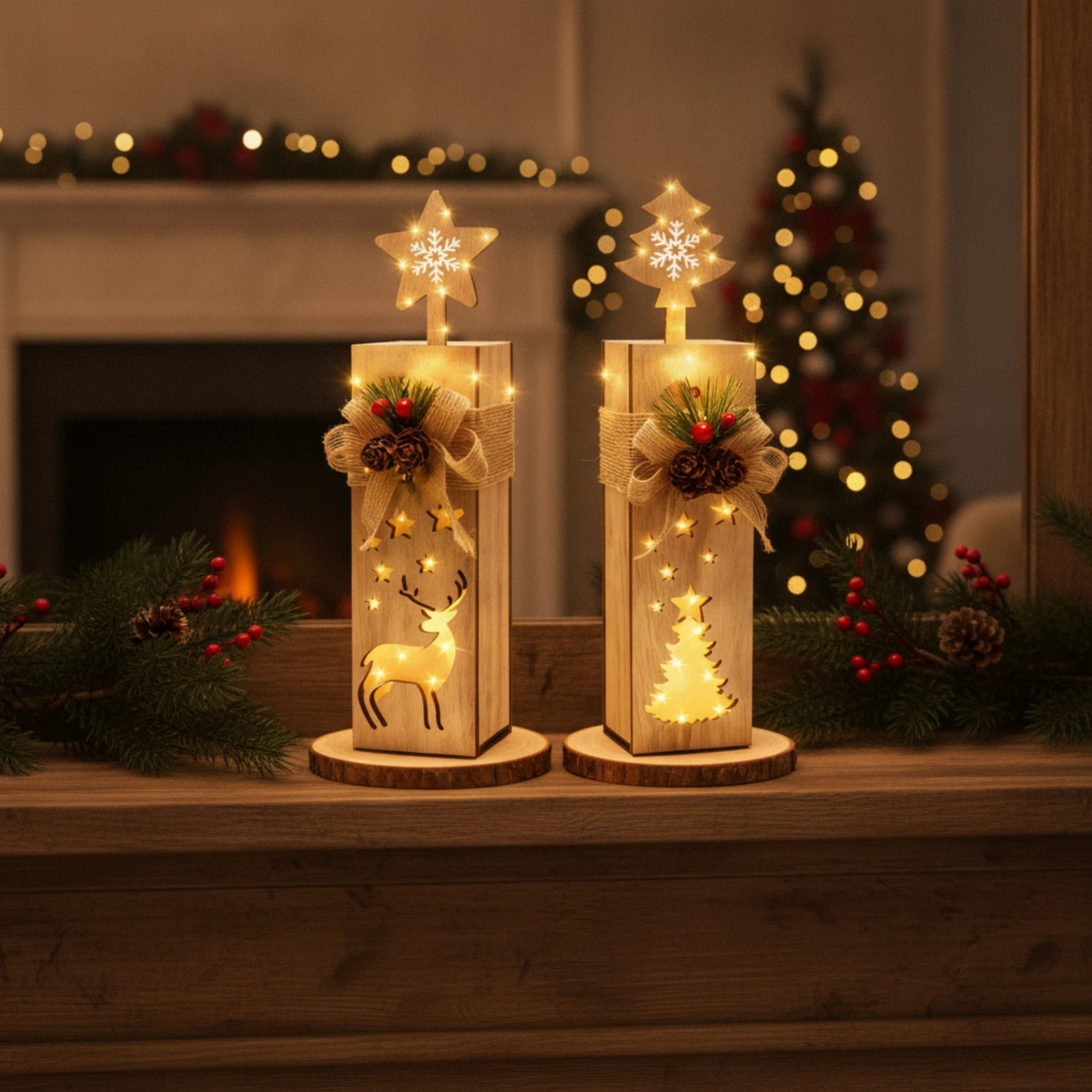 2 Pieces Wooden Christmas Light Rustic Christmas Light with Star Topper Table Decoration Warm-Glowing Desktop Ornament Lighted