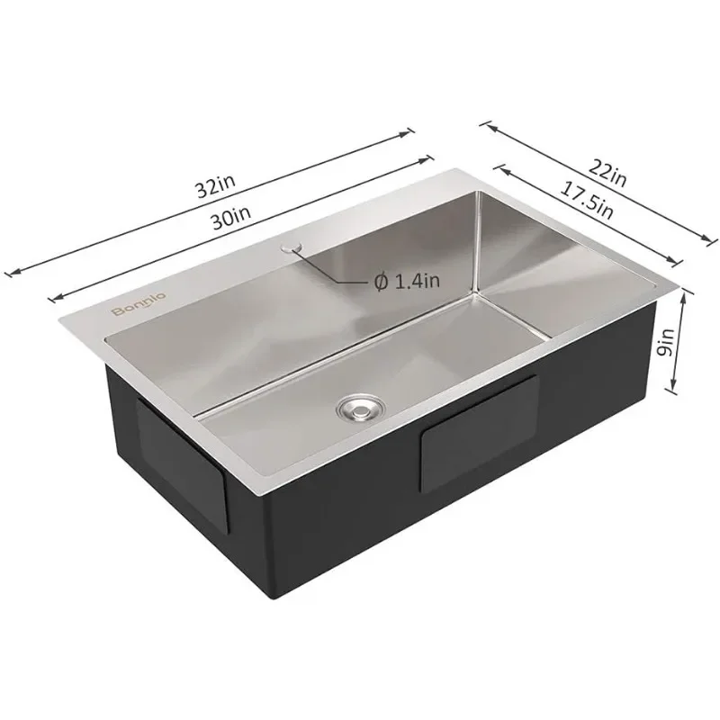 Bonnlo 32 Inch Gootsteen Drop-In Met Gootsteen Protector 18 Gauge, Werkstation Wastafel