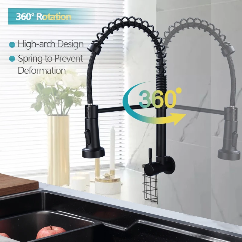 304 stainless steel wall mounted kitchen faucet spring pull out single cold rotatable vegetable basin sink faucet
