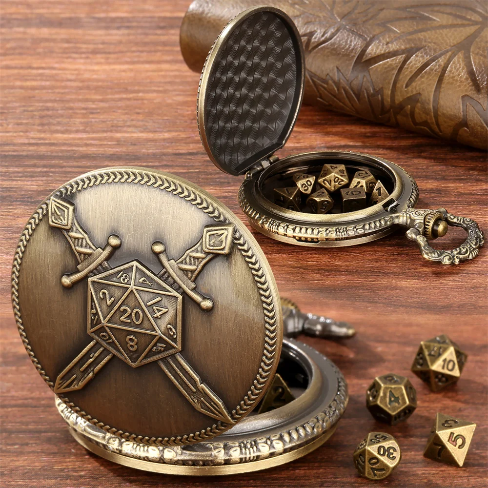 Punk Retro Double Swords Dice Bronze/Grey Black Pocket Watch Case with Mini Dice Set Novel Entertainment Game Dices Gift