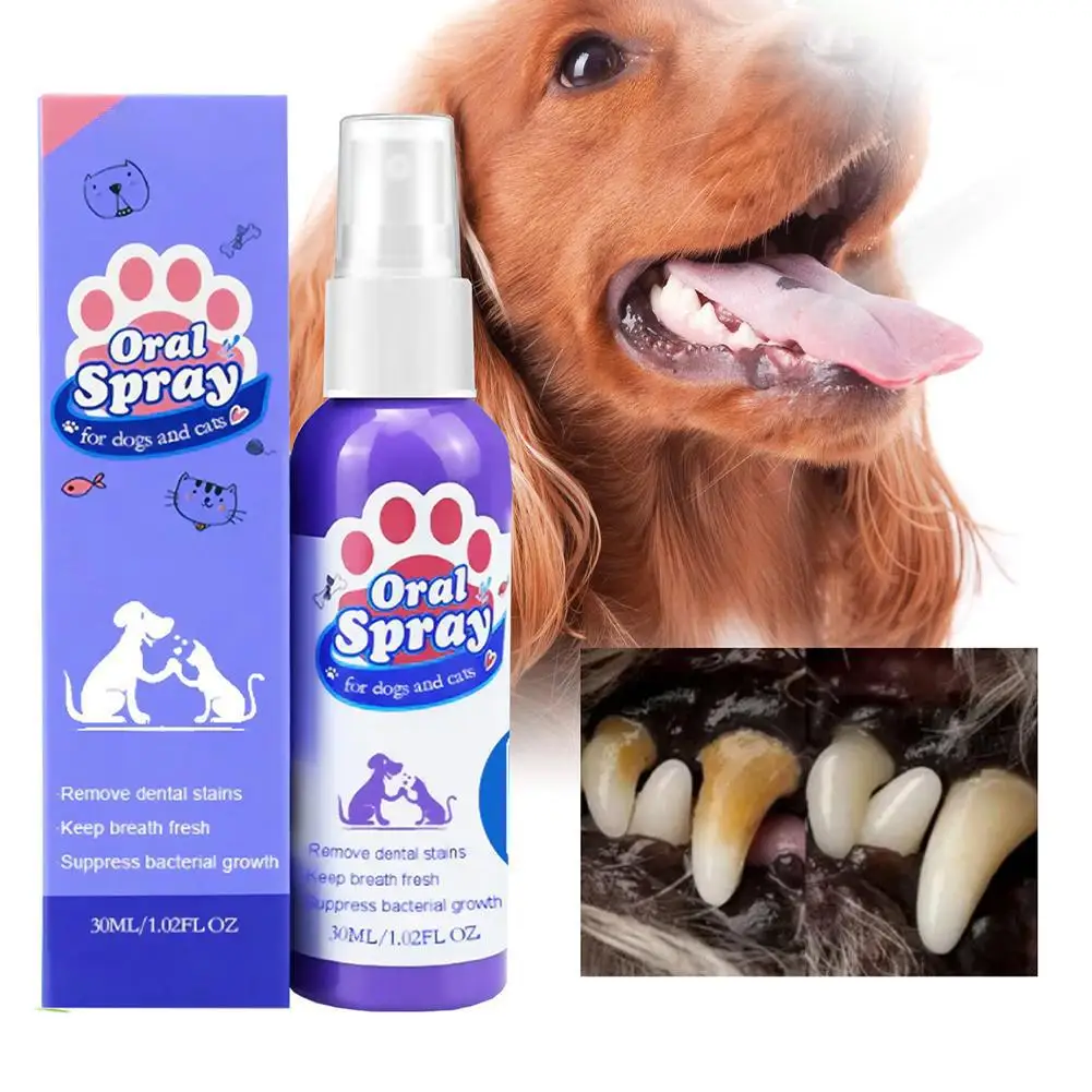 Haustier-Zahnspray für Hunde und Katzen, erfrischt den Atem, entfernt Plaque, Zahnstein, Mundpflege, Wasserzusatz, einfache Verwendung, keine Bürste erforderlich, 30 ml