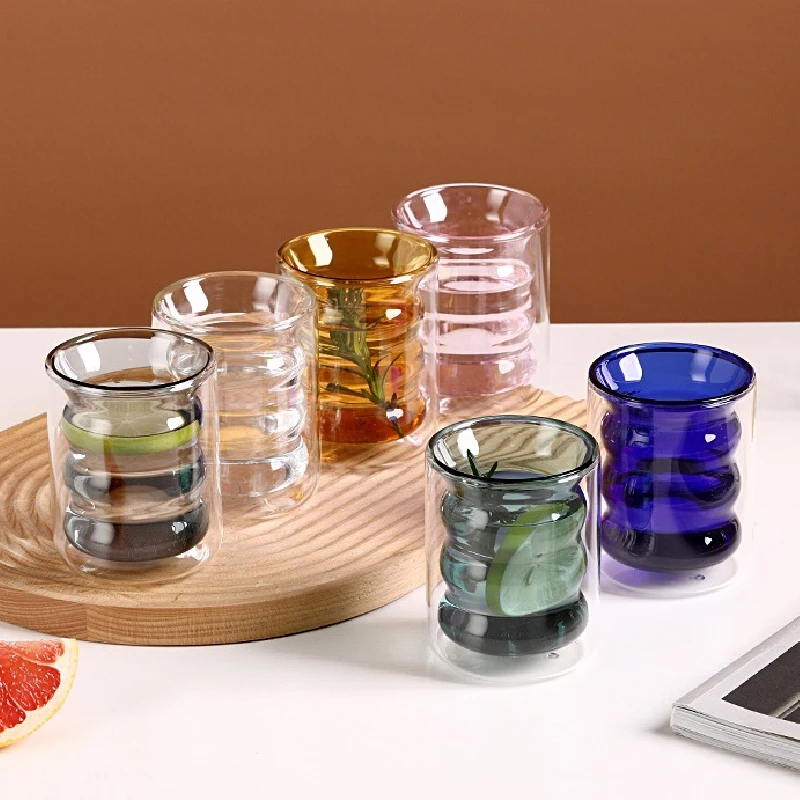 Creative Glass Cups Double-layer Heat-resistant Tumbler Drinking Cups Juice Milk Coffee Cups Tumbler Corrugated Cups 200ml