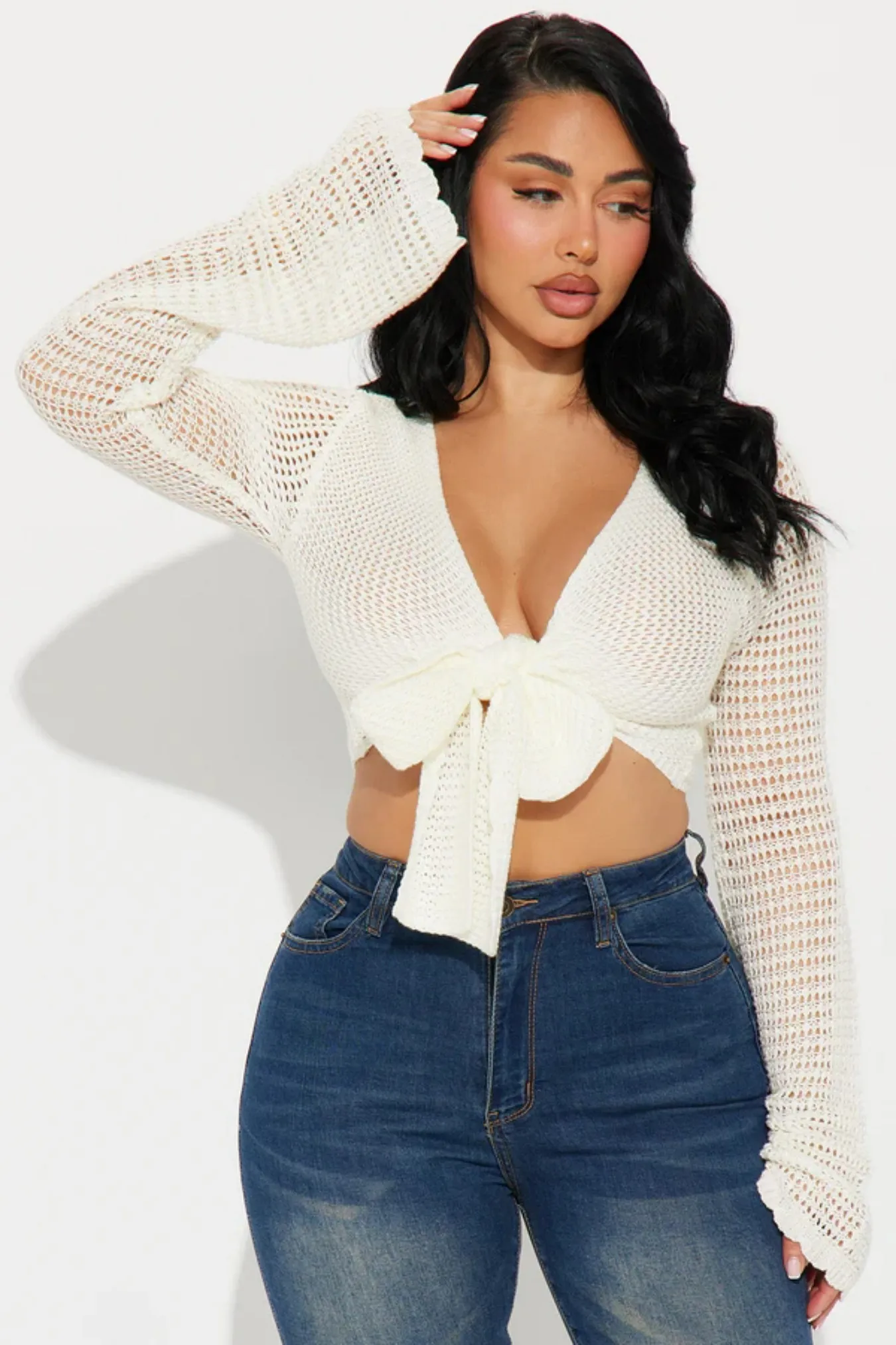 

Women's Sheer Open Knit Tie Front Top V Neck Flare Sleeve Cropped Cardigan for Summer Beach Vacation Casual Y2K Outfit