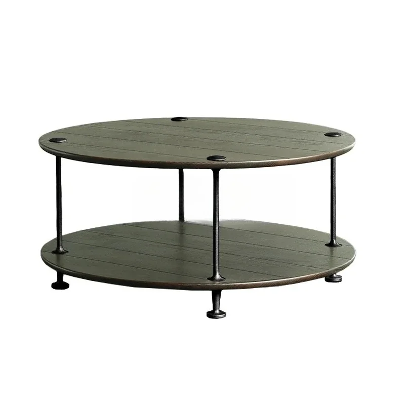 

Wrought iron coffee table round edge few Nordic style oak cast iron retro cold few