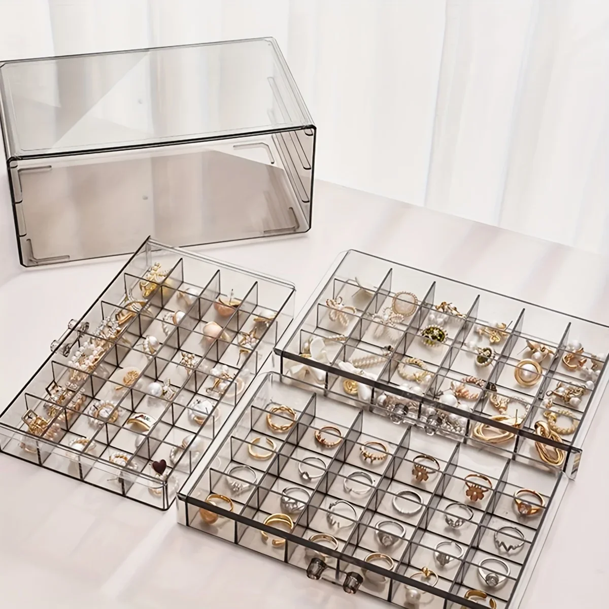 Stylish and Practical Jewelry Storage Box, 3-layer 72-grid Large-Capacity Organizer for Rings, Earrings and Necklaces