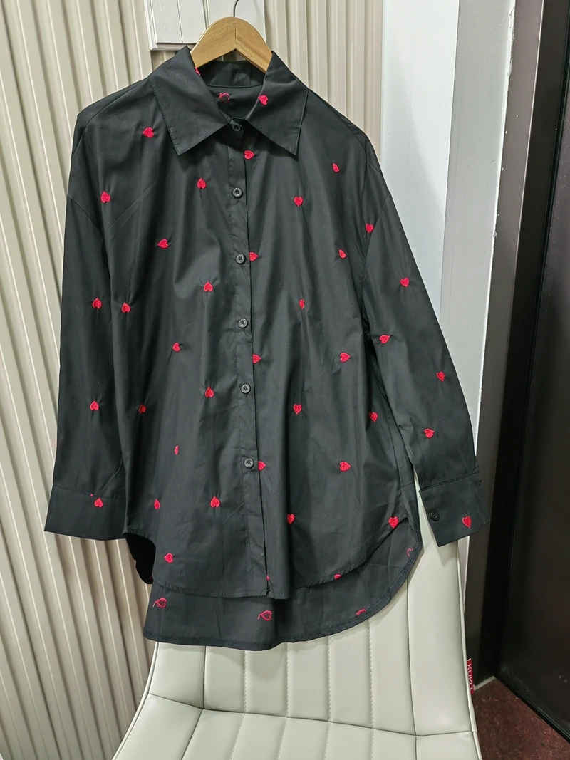 

Real Photo White Heart Turn-over Collar Shirt 2025 Spring and Autumn New Korean Style Casual All-match Thin Blouse Women's Cloth