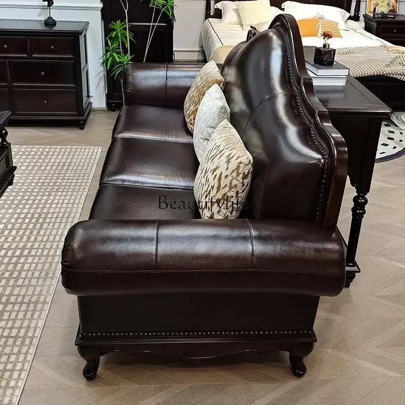 

01American all-solid wood leather sofa small apartment living room first layer cowhide three people