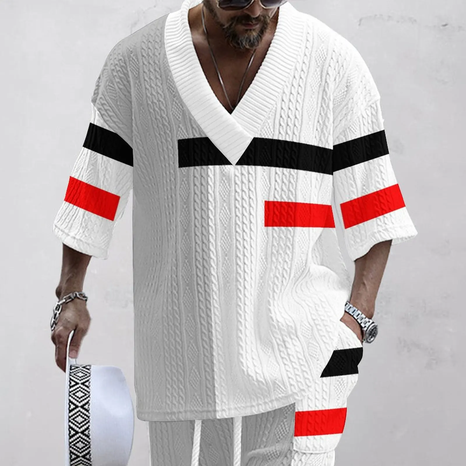 3D printed striped casual knitted shorts set for men\'s summer loose fitting short sleeved large V-neck t-shirt 2-piece set