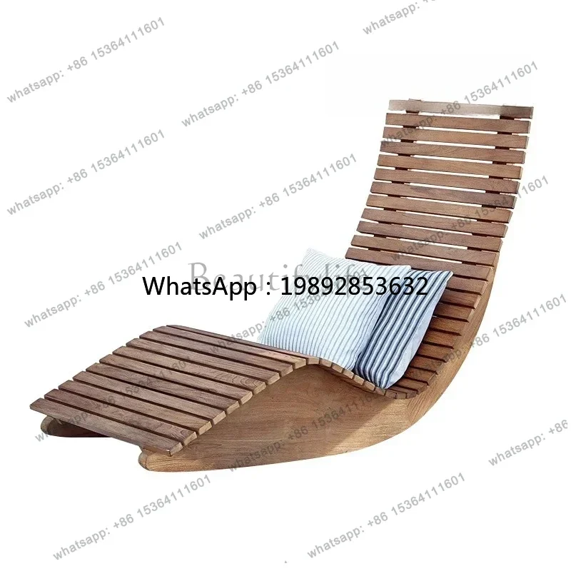 FF Outdoor Solid Wood Bed Hotel Garden Teak Lounger Pool Leisure Beach Chair Sunscreen Waterproof