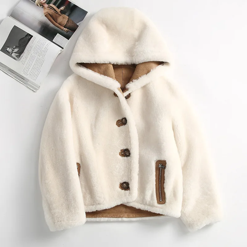 2024 Women's Winter Shearling Jacket Fashion Genuine Sheespkin Wool Coat Reversible Hooded Coat Double-sided