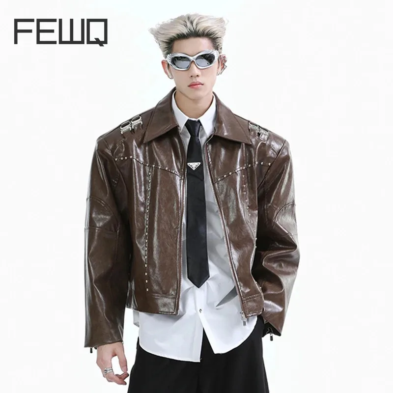 FEWQ Niche Short Metal Bead Design Male Jacket Stylish Lapel Motorcycle Costume Long Sleeve 2024 New Fashion Men's Coats 24E2807