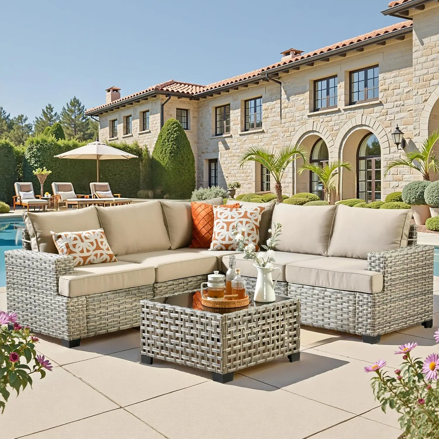 

6 Pieces Outdoor Sectional Patio Furniture Set,Wicker Conversation Sets L Shaped Couch,Outdoor Sofa Outside, Customized