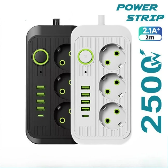 

EU Power Strip Socket with USB Type-c Extension Sockets 220V KR Europe Plug Electric AC Outlets Board 200cm Cable White Black
