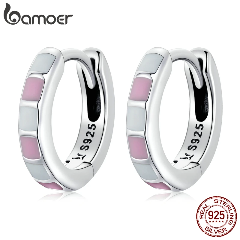 BAMOER 925 Sterling Silver Simple Check Fashion Ear Buckles for Women Light Pink & White Color Hoop Earrings Fine Jewelry Gift