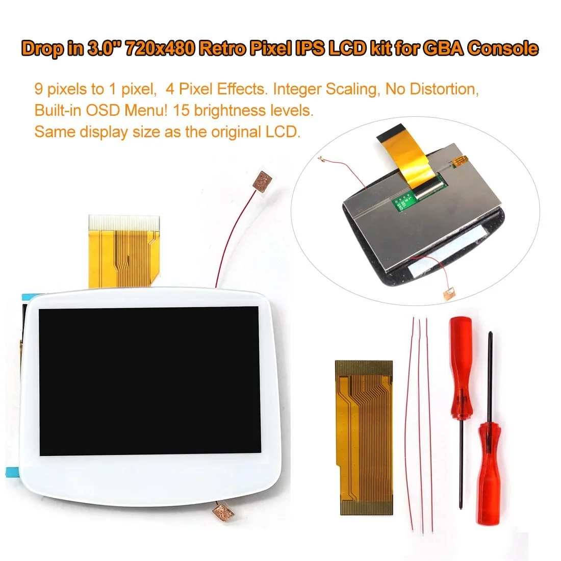 Drop in 3.0'' V5 Laminated Add Desaturation 720x480 IPS Backlight LCD Kit+Customized Shell With White Lens For Game Boy Advance