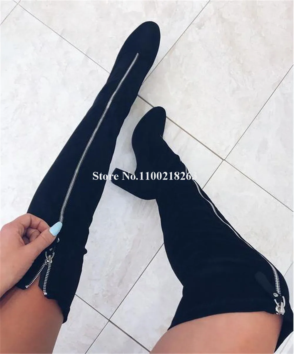 

Newest Women Over Knee Thick Heel Boots Sexy Round Toe Black Suede Front Zipper-up Chunky Heel Long Boots Big Size Boots