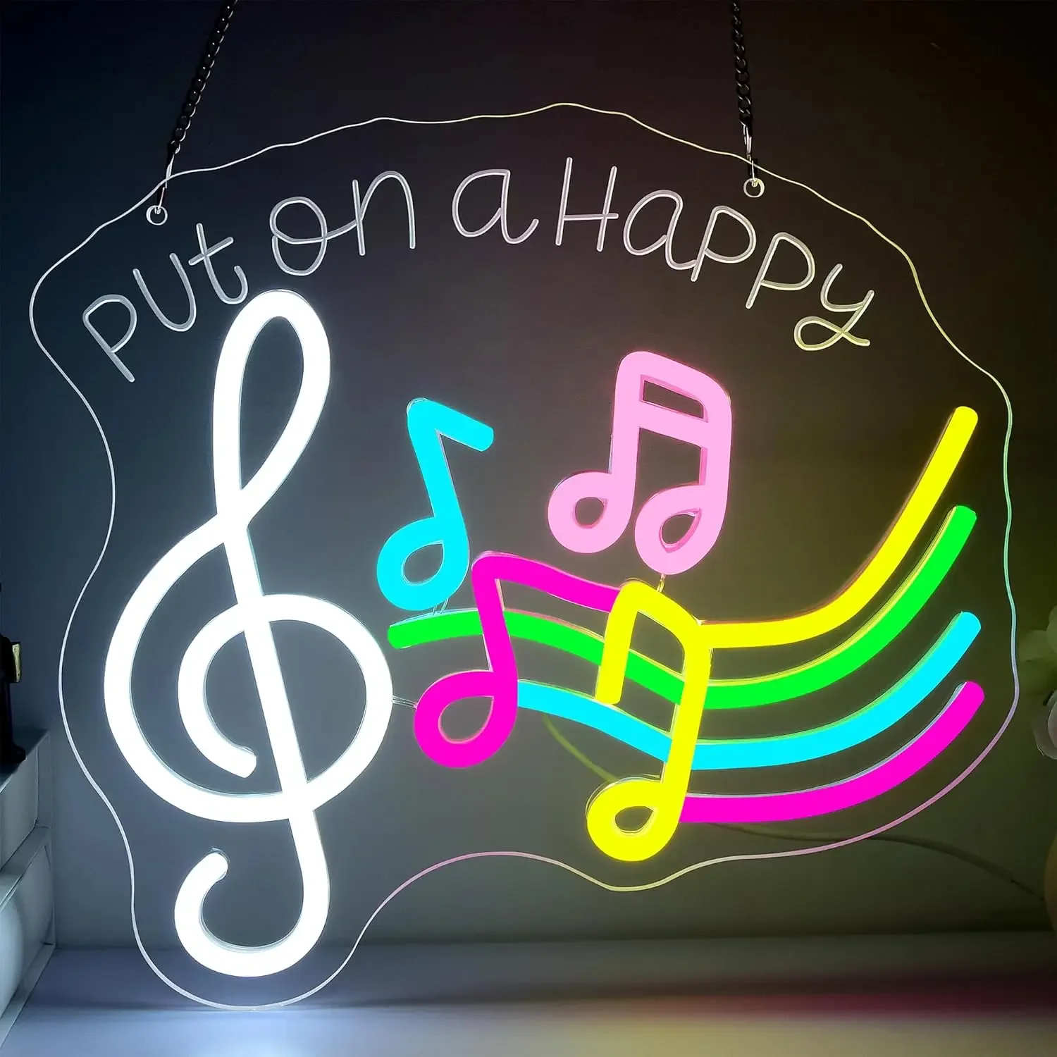 Put on A Happy Neon Light Dimmable LED Wall Art Music Notes Sign USB Powered Studio Room Dance Party Music Room Aesthetic Decor