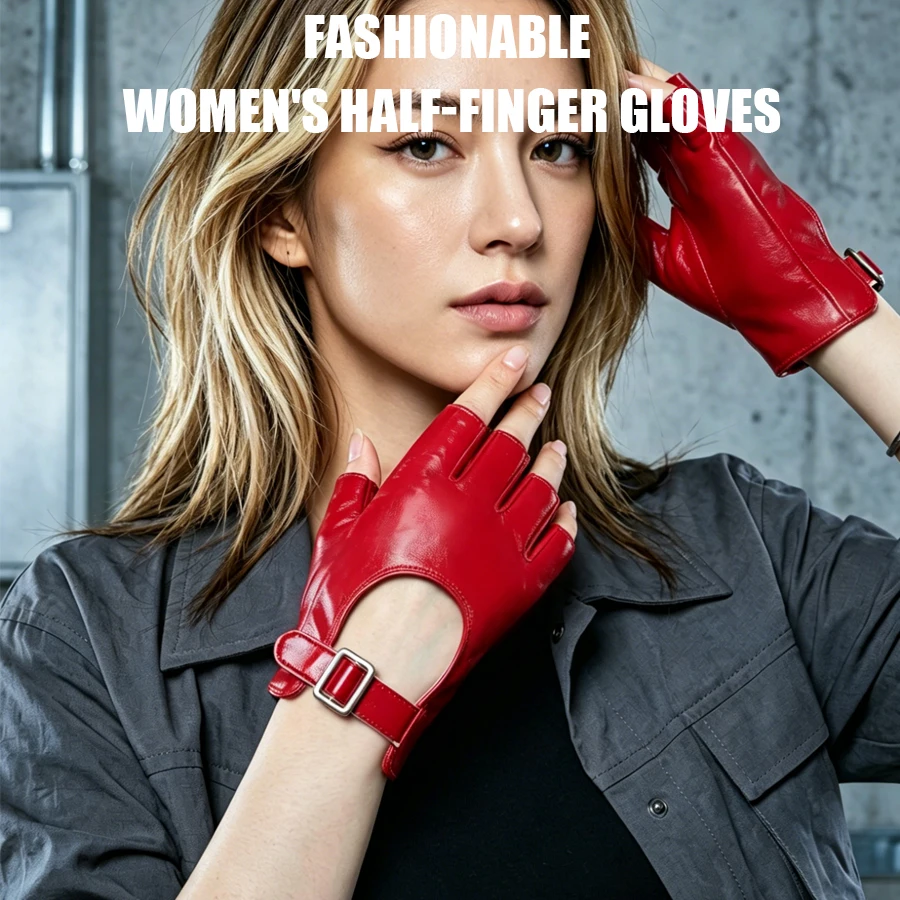 Fingerlose Handschuhe aus PU-Leder für Herren und Damen, verstellbare Metallschnalle am Handgelenk, Halbfinger-Handschuhe zum Fahren, Motorradfahren, Fashion Co