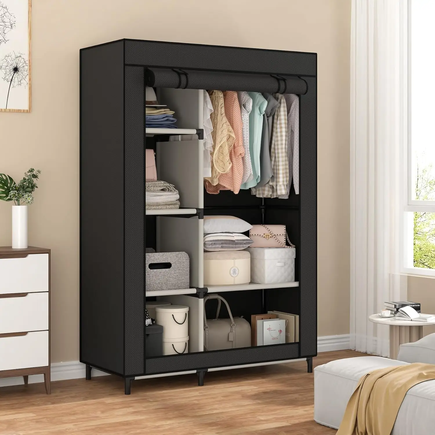 

Portable Closet Organizer with 6 Shelves, Hanging Rod, and 4 Side Pockets in Black Non-Woven Fabric