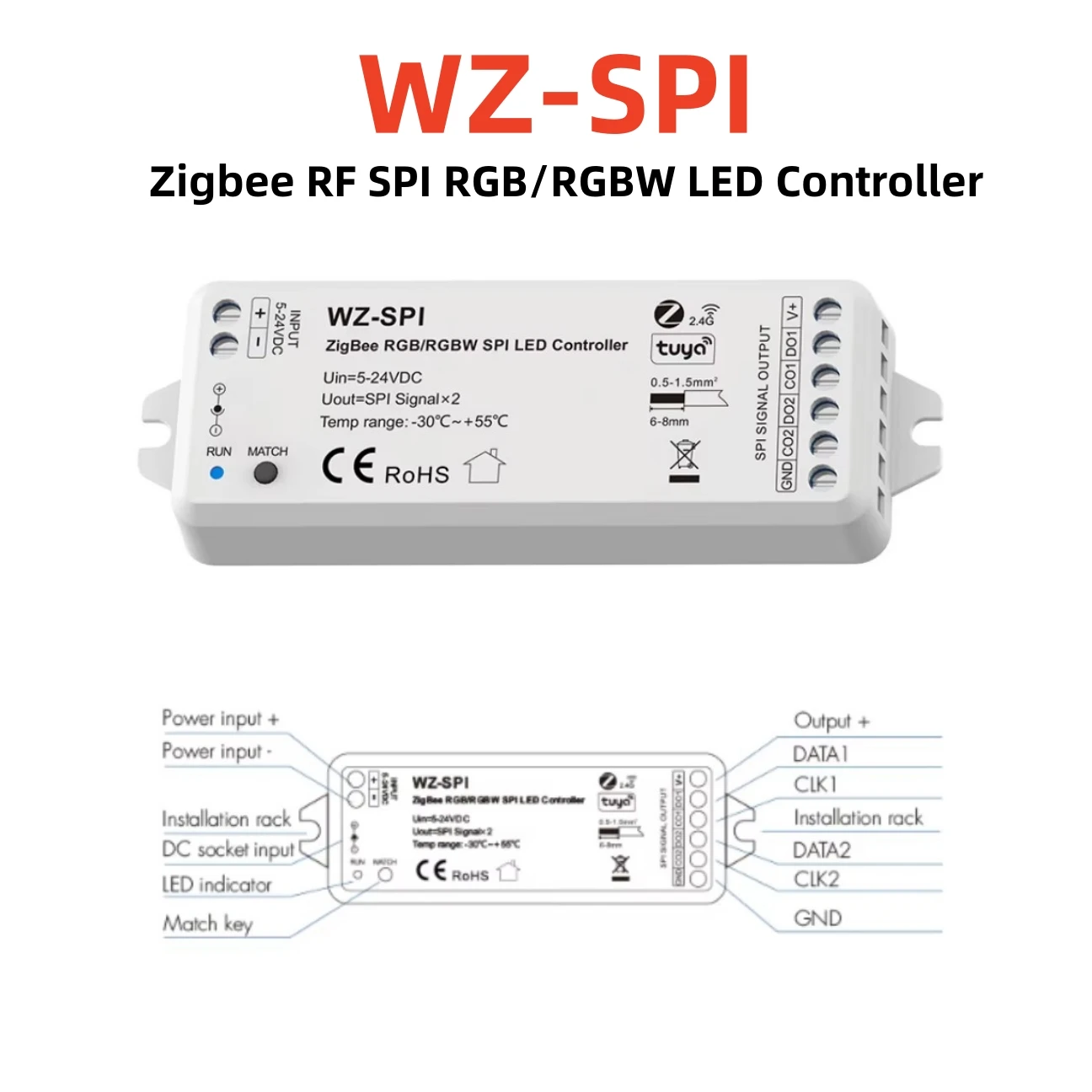 Skydance 5V-24V WZ-SPI Tuya Zigbee SPI LED Controller 12V WS2811 WS2812B SK6812 RGB/RGBW Addressable LED Strip Alexa Google