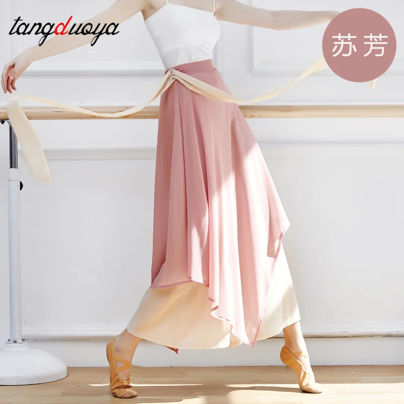 الرقص الشعبي الصيني السراويل الرقص الكلاسيكي النساء فضفاضة واسعة الساق بنطلون 2 طبقات الجنية الجسم قافية Dancewear الجانب سبليت حجم كبير