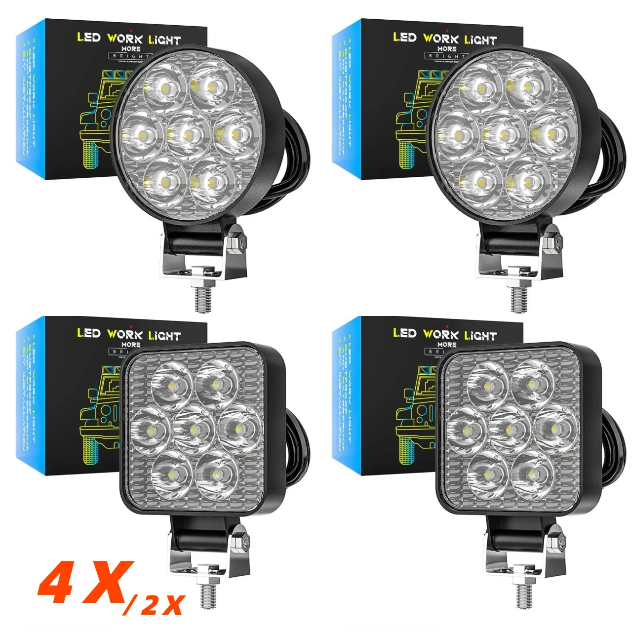 4/2PC 12-24V 7LED Mini Square LED Work Light Off Road Auxiliary Modified Headlights Spotlights Flood Spot Lamp for Car Truck SUV