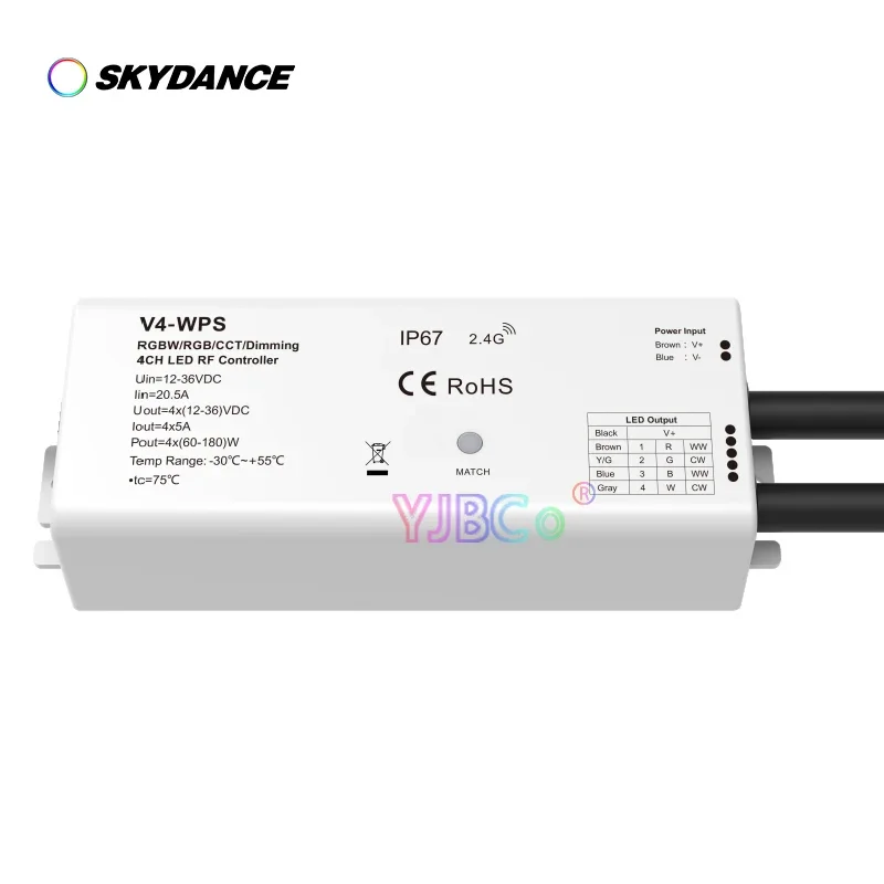 

Skydance 4 channel Waterproof IP67 LED Strip Controller 4CH 2.4G RF single color/dual color/RGB/RGBW remote control 12V-36V 24V