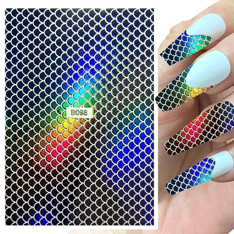 1Sheet Nail Art Holographic Fish Scales Shaped Sticker Self-Adhesive 12 Colors Nail Foil Decals Manicure Laser Sticker Decals