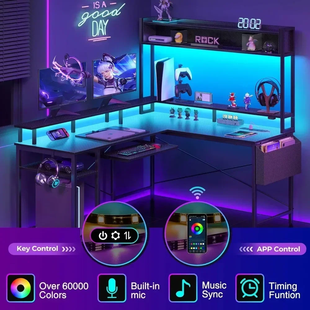 

L-образный игровой стол 90,5 ", компьютерный стол с подставкой для монитора и Hutch, стол из углеродного волокна, офисная мебель