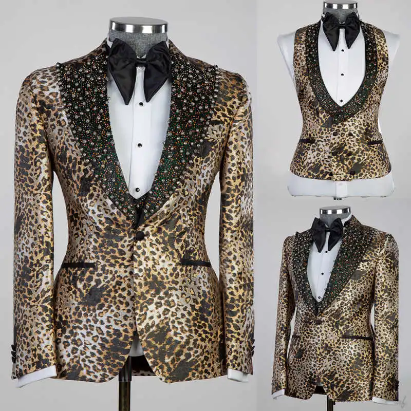 Stylish Men 2‑Piece Vest Jacket Set Leopard Print Beaded Peak Lapel Coat Waistcoat For Prom Cocktail Gathering Customized