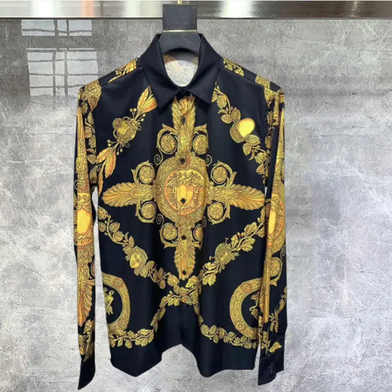 High Quality Retro Black  Gold Contrasting Color Beach Party Club Shirt Royal Fashion Vintage Pattern Shirt Men Luxury Shirt Men