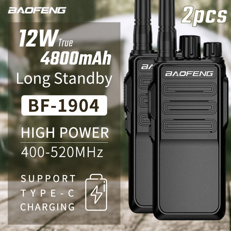 2PCS BaoFeng Walkie Talkie BF-1904 High Power Professional Penetrating Radio Supports Type C Charge Long Range Powerful Portable