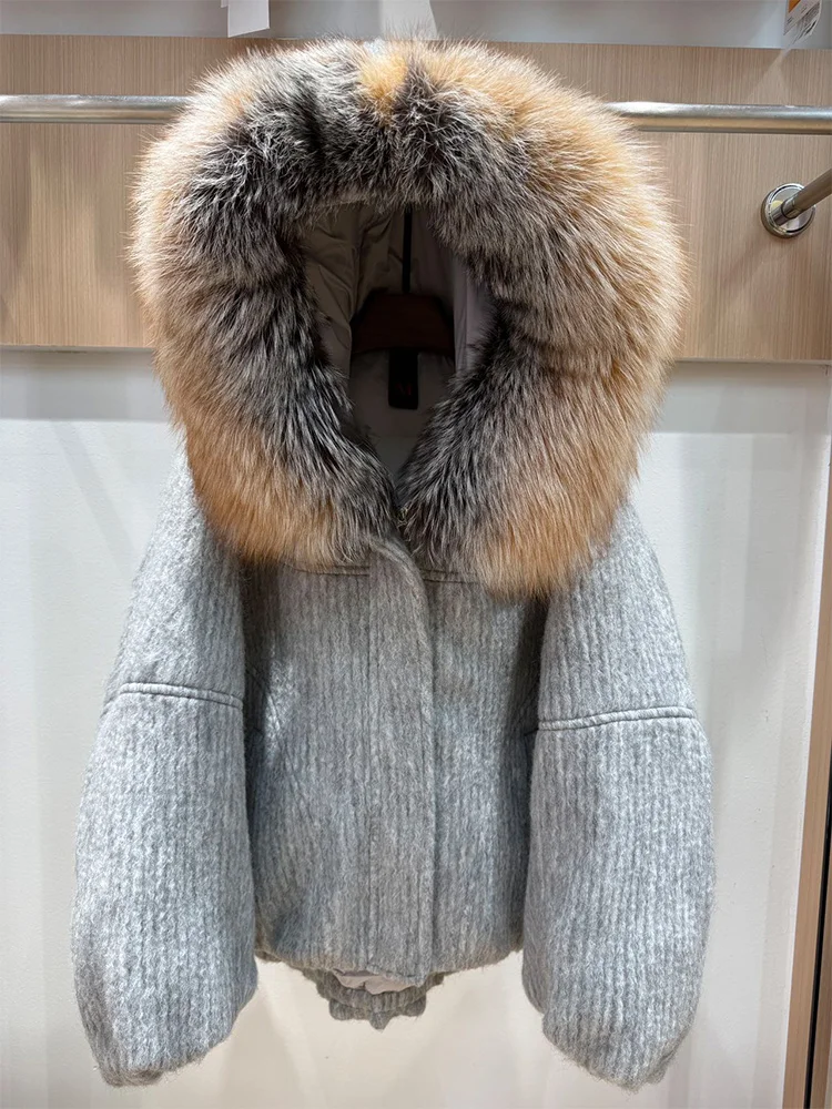 Women Warm Winter Wool Woolen Jackets  Real Fox Fur Collar Hooded Goose Down JacketThick Female Outwear Coat Puffer Jacket