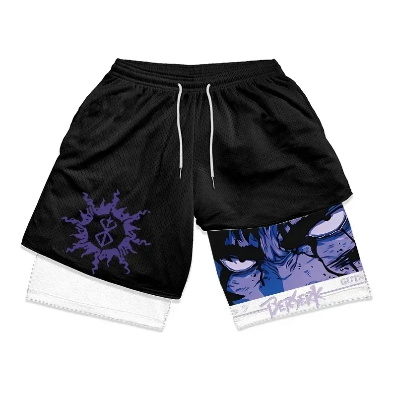 Pantaloncini da palestra Anime Berserk 2 in 1 per uomo pantaloncini a compressione atletica attiva da 5 pollici allenamento elastico ad asciugatura