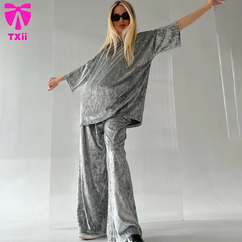 Wide leg pants two-piece home suit, casual women's suit, casual flannel silver pants set, loose hanging T-shirt