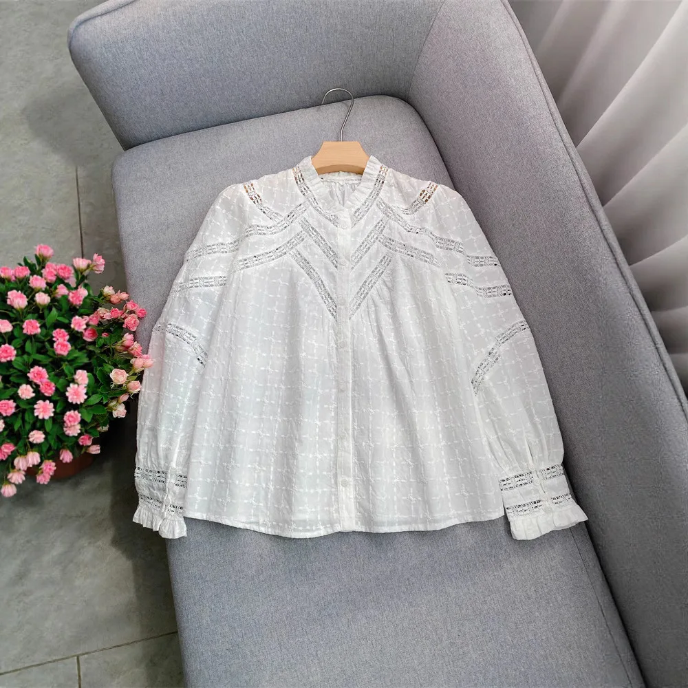 

Women's white lace hollow shirt long sleeve office ladies elegant casual ladies tops