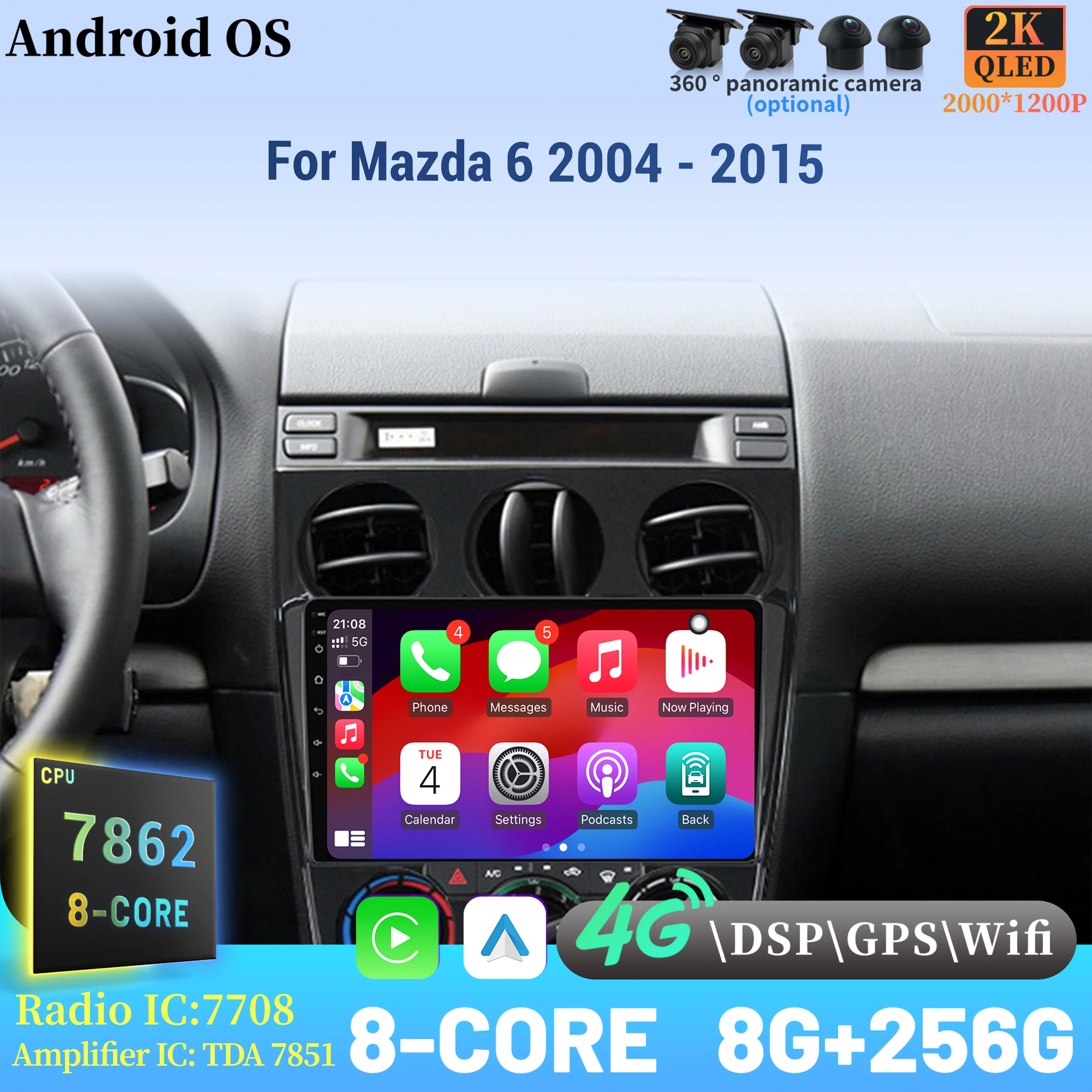 

Android 14 Radio Car Multimedia Player Touch 2K QLED Screen For Mazda 6 2004 - 2015 Wireless BT CarPlay