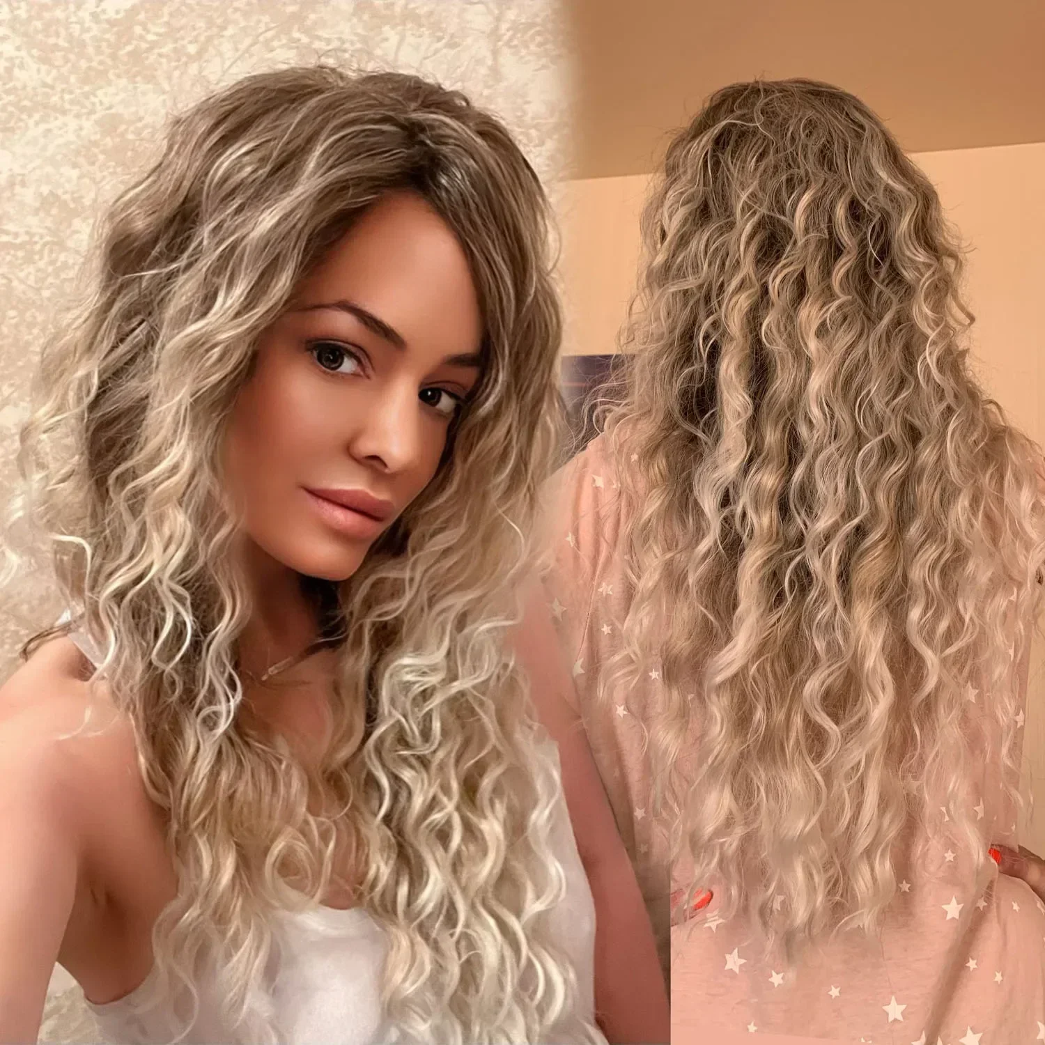 GNIMEGIL Synthetic Long Blonde Wigs for Women Natural Hair Curly Wig with Bangs Ash Blond Curly Wave Fluffy Wigs+Tattoo Sticker