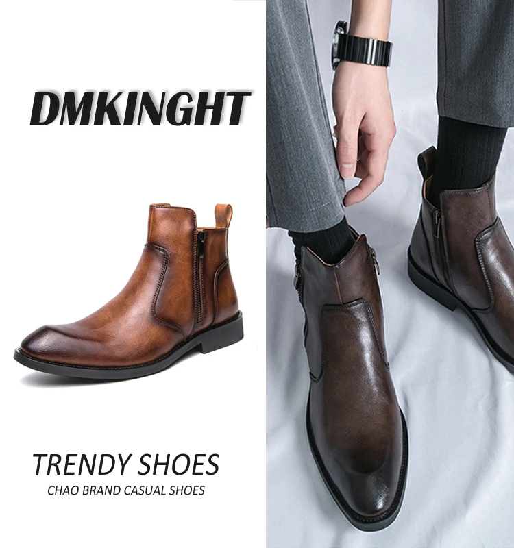 

Men's Chelsea Boots Spring High Top Leather Shoes British Style Boots Internal Heightening Short Boots Zipper Closure