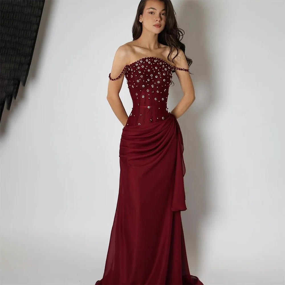 Vestido de noite feminino borgonha cristal fora do ombro plissado chiffon elegante vestidos de noite sereia vestido de festa formal personalizado
