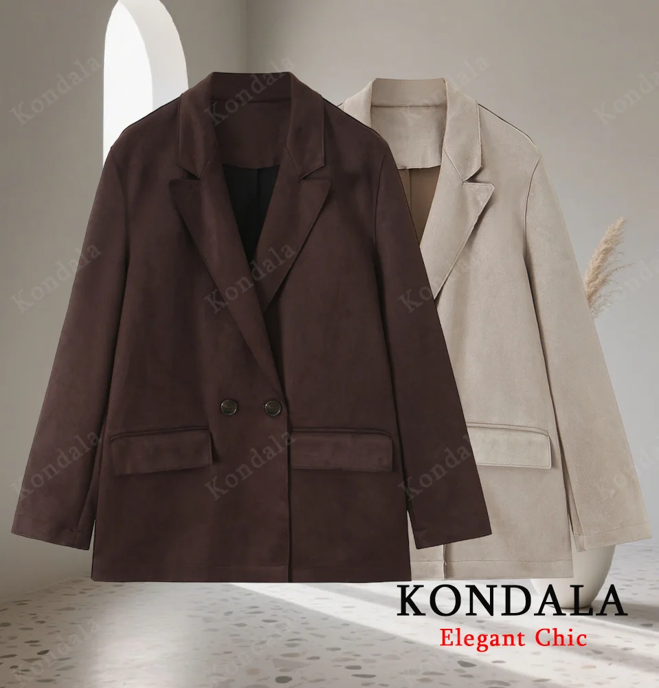 

KONDALA Autumn Lady Elegant Suede Blazer Double-Breasted Vintage Suede Jacket 2025 Fall Fashion Commute Business Women Blazer