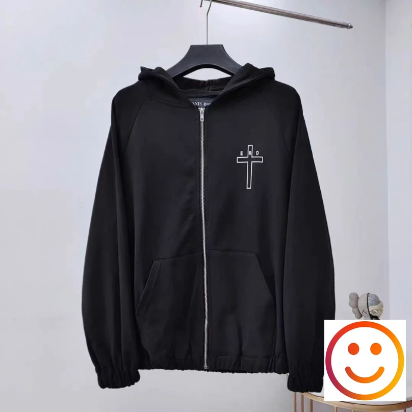 

Cross Print Logo ERD Enfants Riches Deprimes Zipper Hooded Jacket Black Men Women Back Full Text Graphic Hoodie Sweatshirts