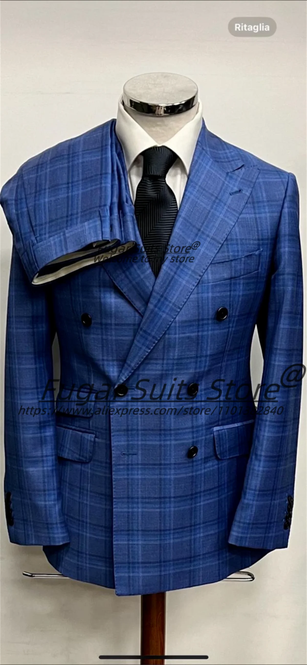 

Customized Navy Blue Plaid Men Suits Slim Fit Double Breasted Peak Lapel Groom Wedding Tuxedos 2 Pieces Sets Male Prom Blazers