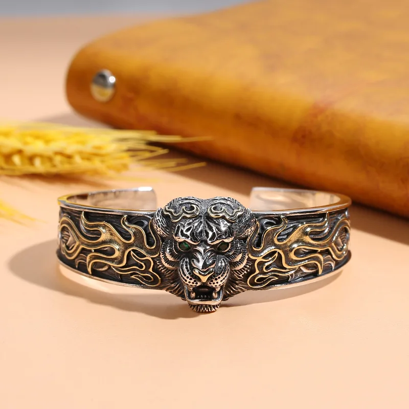 

S925 sterling silver domineering tiger menbraceletchinese fadsummer bracelet men's retro jewelry bracelet