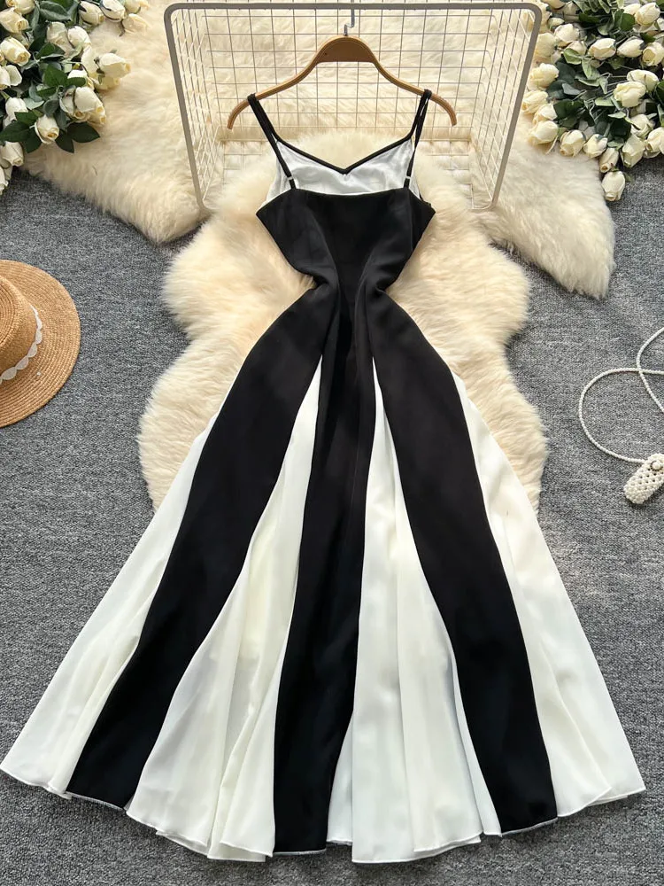 فستان أنيق بألوان أسود وأبيض متباينة مع حمالات، تنورة نسائية عالية الخصر على شكل حرف A، أكمام قصيرة، أسلوب عملي، موضة كورية