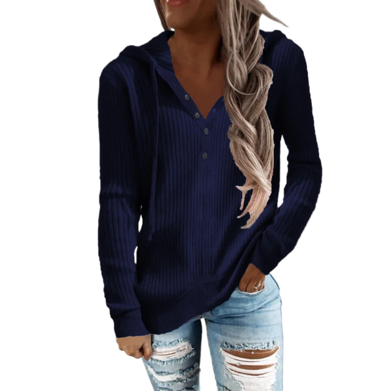 Women's Autumn Winter Striped Casual Hoodie Loose Knit Sweater Open-Necked Long-Sleeved Knitwear for Fashionable Layering
